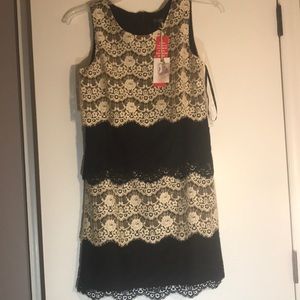 Dress - lacy detail - black & cream